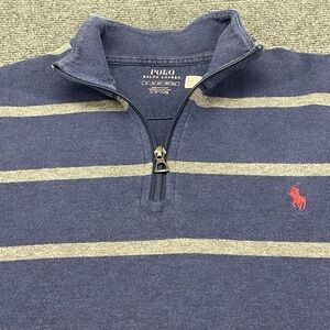 Polo by Ralph Lauren Navy Blue Striped Quarter-Zip Sweatshirt with Red Pony